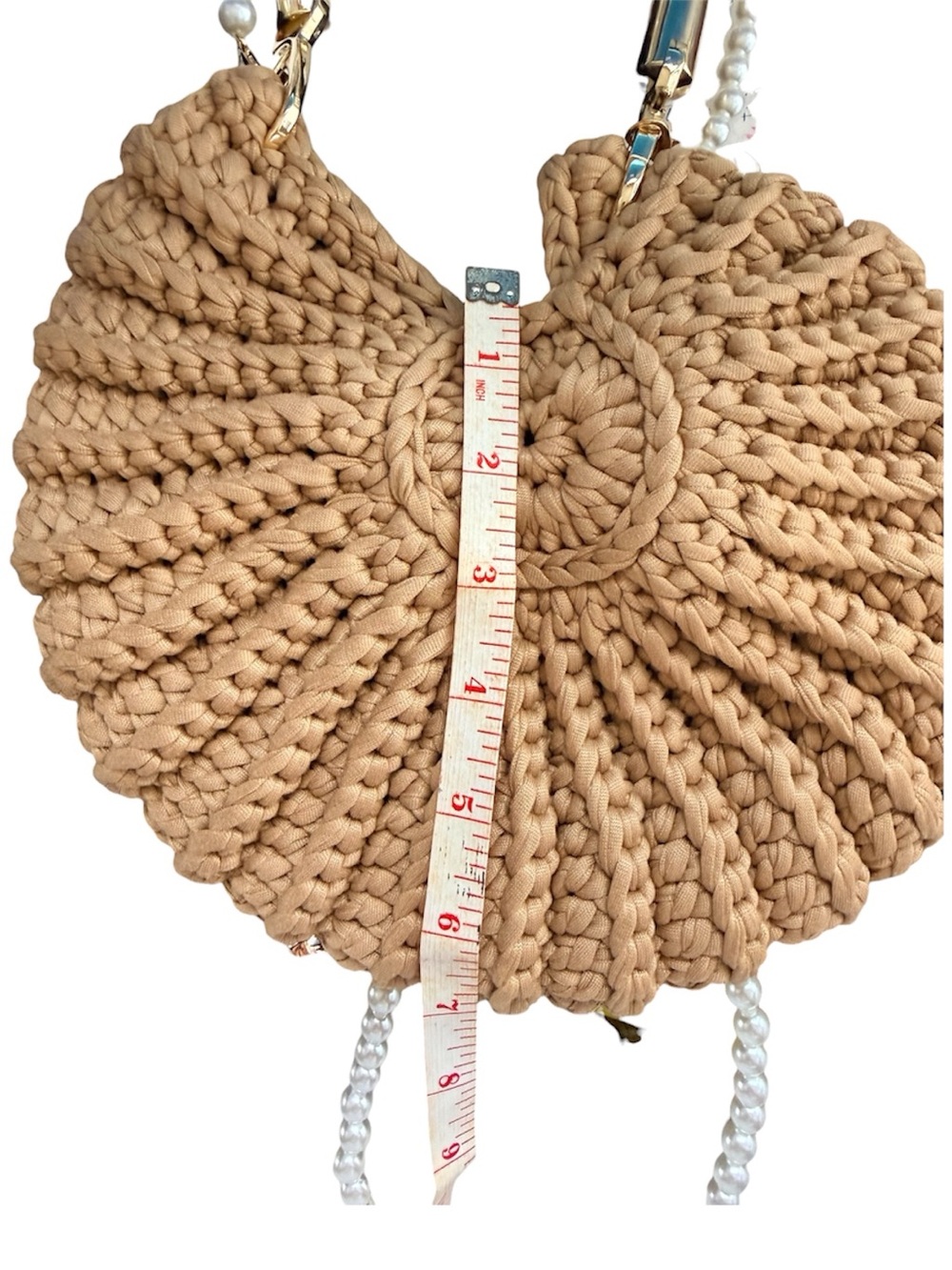 Beige Woven Round Crochet Crossbody Bag with Faux Pearl Strap - Picture 3 of 5